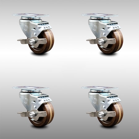 Service Caster 3 Inch SS High Temp Phenolic Swivel Top Plate Caster Set with Brake SCC SCC-SS20S314-PHSHT-TLB-4